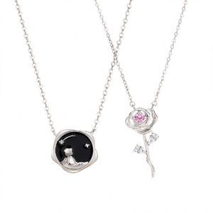 S925 Sterling Silver <b>Couple</b> <b>Necklace</b> Boy and Roses Flower Pendant Clavicle Chain <b>Necklace</b> Jewelry for Valentine's Day - Product Image 5