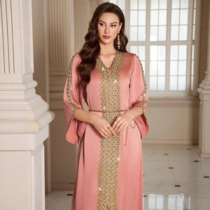 Abito da sera Abaya arabo color oro champagne con perline e scollo a V, lussuoso in raso, stile mediorientale, taglie forti, elegante per matrimoni invernali - Product Image 5