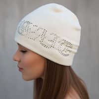 Bonnet d'hiver blanc pour femme - Logo en cristal scintillant, broderie de paillettes, mélange acrylique/coton, motif lettres, ajustement réglable