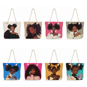 Dikke Canvas Milieuvriendelijke Handheld Boodschappentas Mode Cartoon Print Cool Zwart Meisje Grote Capaciteit Dikke Touw Schoudertas - Product Image 1