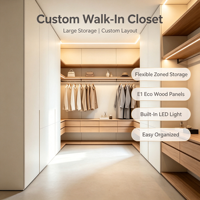 Système de dressing intégré minimaliste OEM/ODM d'usine avec rangement zoné flexible, armoire en bois écologique et éclairage LED dissimulé