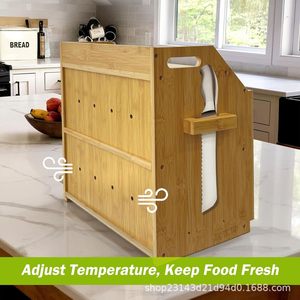 Bamboo Bread Storage Box 15.7in Double Layer Solid Wood Kitchen Bread <b>Bin</b> With Humidity Gauge For Home Use - Product Image 5