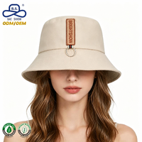 Chapeaux Bob Décontractés Beige à Large Bord avec Anneau Métallique et Patch Logo Personnalisé pour Femme – Protection Solaire – Style Urbain Tendance
