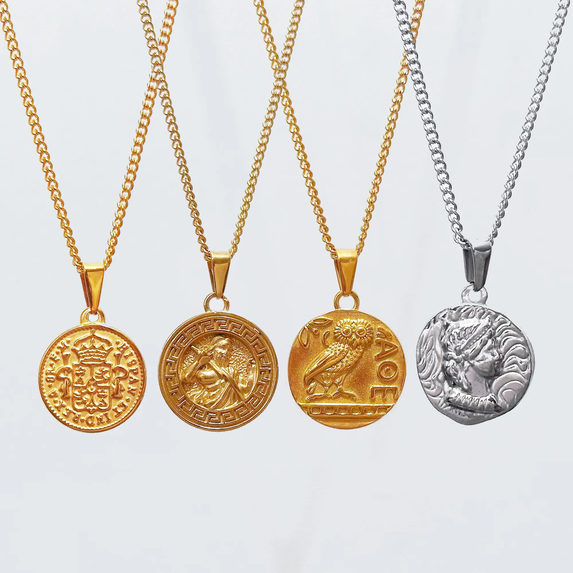 Kalung liontin koin Raja struktur Spanyol desain antik liontin emas 18k baja tahan karat kalung medali keberuntungan untuk pria wanita