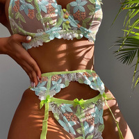 Pakaian Dalam Wanita Model Eropa Amerika Terbaru, Set Tiga Potong Berbahan Mesh Bordir Renda dengan Tali Pengikat, Bahan Polyester, untuk Perdagangan Luar Negeri (ODM)