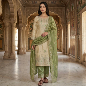 Ensemble Kurta en Soie Brodé Crème GMY à Séchage Rapide avec Dupatta Vert Clair Longueur Cheville – Tenue Ethnique Traditionnelle Indienne et Pakistanaise pour Femme - Product Image 1