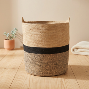 Panier à linge en jute naturel écologique, corbeille de rangement pour vêtements en corde tressée tricolore avec poignées - Product Image 4