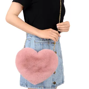 Jtfur 제조 업체 가짜 렉스 토끼 모피 심장 가방 복숭아 핸드백 체인 패션 한 어깨 대각선 체인 여성 지갑