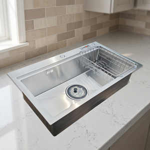 Fregadero de cocina moderno de acero inoxidable, diseño rústico hecho a mano, de un solo tazón, para empotrar, superficie cepillada, cuenco grande y profundo, resistente a arañazos - Product Image 1