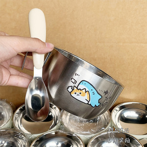 Bol en acier inoxydable avec cuillère, design de dessin animé, qualité alimentaire, pour usage domestique, matériau 304, style corps droit - Product Image 1
