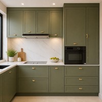 Meubles de cuisine vert olive avec poignées dorées, armoire haute et basse, placard moderne pour la maison, armoires de cuisine sur mesure