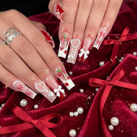 Faux ongles à presser longs, faits main, de luxe, forme cercueil, avec nœud 3D perlé, style French manucure, en acrylique, pour soirée