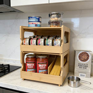 علبة الخيزران منظم مخزن الخيزران 2 طبقات يمكن تكديسة رف تخزين مثالية ل 36 الغذاء البشري والحيوانات الأليفة للمخزن - Product Image 2