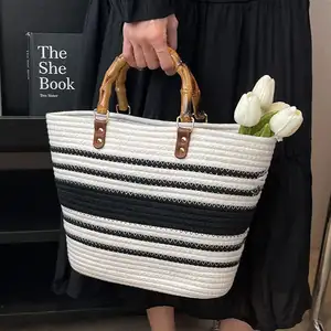 Bolsa de mão feminina grande de palha com alça de bambu retrô, bolsa de praia de verão em tecido de algodão com estampa de viagem