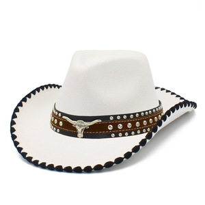Chapeau de cowboy western unisexe vintage à large bord avec ornement tête de taureau et bordure en dentelle pour la pêche, les fêtes et le sport - Product Image 4
