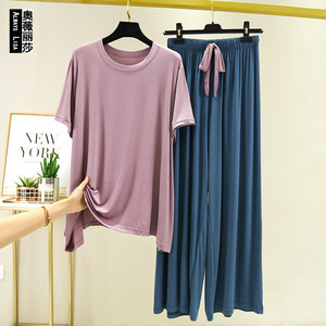 <span class=keywords><strong>Camisones</strong></span> de Manga Corta de Modal en Contraste para Mujer, Primavera-Verano, Holgados, Talla Grande, Pijamas para <span class=keywords><strong>Novia</strong></span>, Ropa de Casa Informal, Conjunto de 2 Piezas - Product Image 3