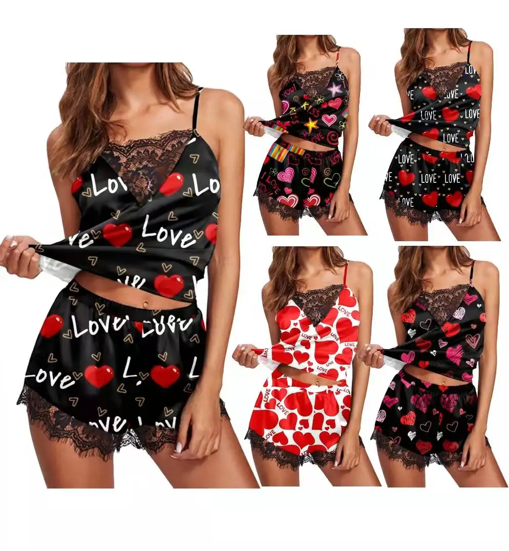 Conjunto de pijama pequeño con corazón rojo para mujer, ropa de dormir con estampado de amor, lencería Sexy para San Valentín, 2022