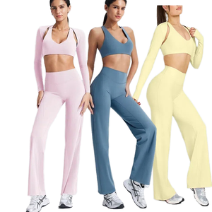 Femmes 3 pièces respirant Fitness formation costume à manches longues soutien-gorge avant solide évasé taille haute pantalon Sports de plein air Pilates Yoga - Product Image 1