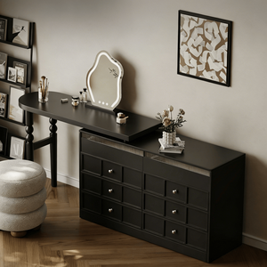 Toeletta in Stile Americano con Cassettiera Angolare Estensibile, Mobile Nero in Legno per Trucco - Product Image 4