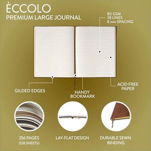Large Leather Lined Journal Notebook Hardcover 8X10inch 256 Ruled Ivory Pages Gilded Ribbon <b>Bookmark</b> Lay Flat - Product Image 4
