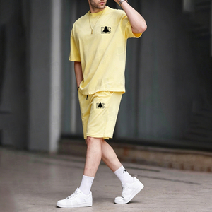 Ensemble de survêtement de sport pour homme, été, 180 g/m², 100 % coton, anti-transpiration, impression personnalisée, coupe ample, t-shirts et shorts - Product Image 3