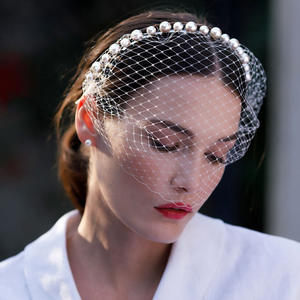 Fantaisie jour fait à la main mariée <span class=keywords><strong>treillis</strong></span> Net voile Unique Design perle bandeau gaze voile pour mariage chapeaux visage Net masque bandeaux - Product Image 2