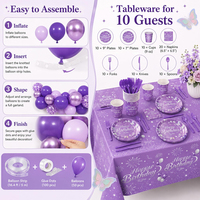 Ensemble de 204 pièces pour fête d'anniversaire sur le thème des papillons violets, kit de décoration d'anniversaire, assiettes, serviettes, nappe, ballons pour femmes et filles