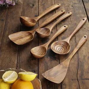 Offre Spéciale ustensiles de cuisine en bois d'acacia et de teck naturel avec logo personnalisé ensemble de cuillères spatule ensemble d'ustensiles de cuisine en bois