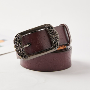 Ceinture en cuir de vache véritable avec motif papillon sculpté, boucle rectangulaire, pour femme, décontractée, rouge, noir, blanc, café, camel, Tiyo - Product Image 1