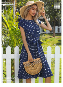 Mùa Hè Dresses <span class=keywords><strong>New</strong></span> Vestido Giữa Dài Polka Dot Feifei Ngắn Tay Áo Ren Up Pleated A-Line Phong Cách Giản Dị Ăn Mặc Cho Phụ Nữ Áo Choàng - Product Image 4