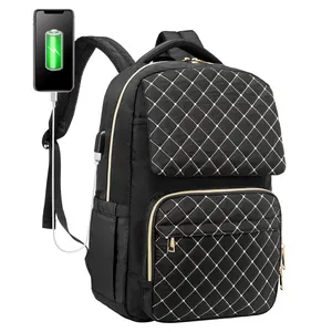 Custom 15.6 Inch Wanita Ransel Sekolah Luas Tas Laptop Tas Komputer Bekerja Tas Laptop Ransel dengan USB Pengisian Port