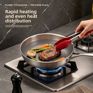 Factory Wholesale Modern Pure Titanium Frying Pan Skillet 3-<strong>ply</strong> Honeycomb Structure Non-stick Uncoating <strong>Cookware</strong> Glass Lid - Product Image 2