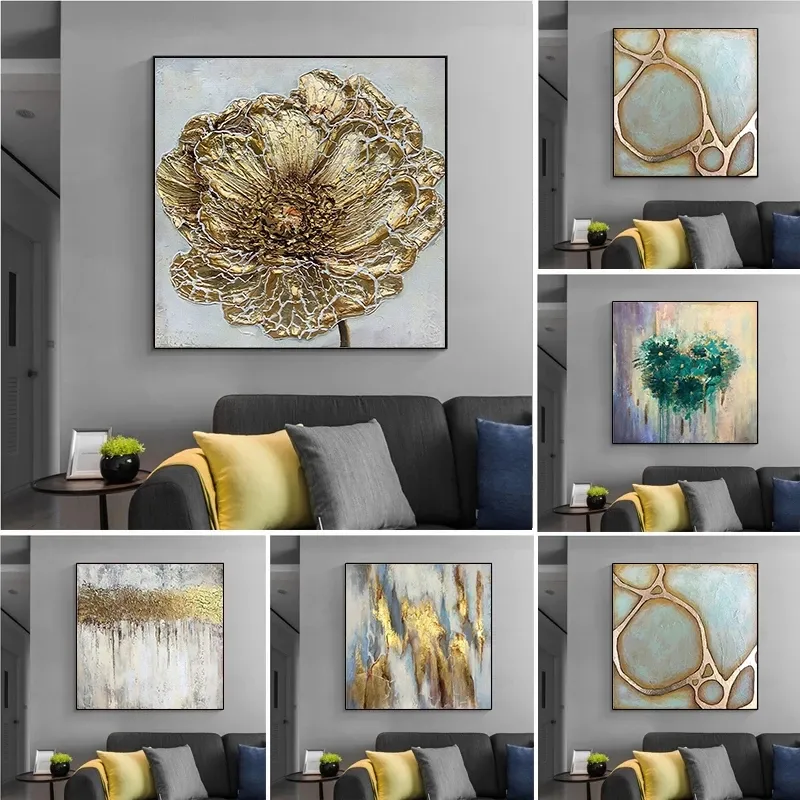 hot sale pue handmade Modern Flower Gold Foil Texture Acrylic abstract canvas artworks framed large oil paintings art
