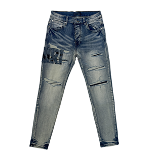Jeans Stile AMIRY Personalizzati Blu Effetto Vissuto con Ricami e Patchwork a Nastro <span class=keywords><strong>Pantaloni</strong></span> Denim Hip Hop Streetwear da <span class=keywords><strong>Uomo</strong></span> - Product Image 3