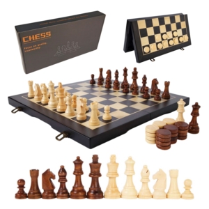 Bộ cờ vua và cờ cá ngựa bằng gỗ cao cấp 15 inch, thủ công, 2 trong 1, có nam châm, dùng chơi trong nhà - Product Image 1