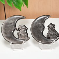 Obsidienne argentée naturelle sculptée à la main en forme de croissant de lune avec statue de bonhomme de neige et arbre de Noël, cristal de guérison, décoration de Noël