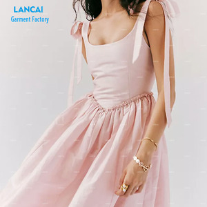 New Design <b>Square</b> Collar Wide Straps <b>Adjustable</b> Open Back Design With Drawstring Gatherings Waistline Summer Dress - Product Image 3