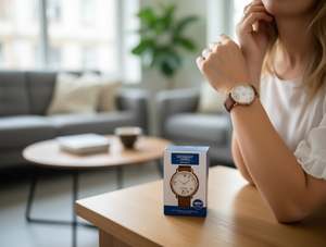 Orologio da donna con cinturino in pelle, cassa rotonda placcata in oro, accessorio di moda - Product Image 2