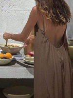 Robe longue maxi marron dos nu pour femme grande taille, à fines bretelles et nouable à l'arrière, style bohème ample pour la plage et les vacances, vente en gros et sur mesure