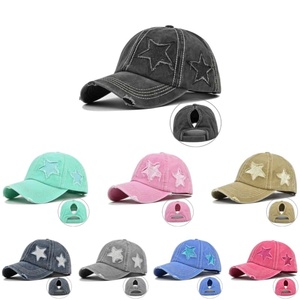 Gorra de béisbol DLS al por mayor con parche de estrella personalizado, estilo vintage desgastado, con orificio para coleta, OEM ODM para ropa urbana y uso diario informal. - Product Image 1