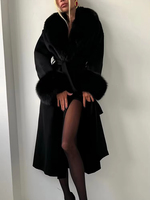 Manteau rétro noir en fourrure patchwork pour femme, chic, à manches longues, col en V, avec laçage, coupe ample, long, pour l'hiver et les trajets quotidiens