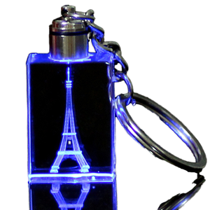 Promotion Gift Laser Engraved Paris Tower Crystal Keychain Variable Color LED Lighting Key Chain for Wedding Favors
