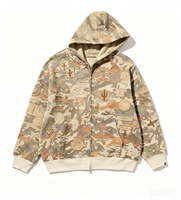Hoodie Zip Up Heavyweight Vintage Wash Desert Camo Patchwork Distressed Streetwear Retro Fashion Brand Pakaian Grosir