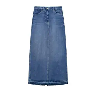 custom high street split fray denim long jean skirt midi denim women's skirts