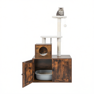 Arbre à chat rustique brun avec enclos pour litière et condo pour chat, pour chats d'intérieur, modèle D0100HP3DAY - Product Image 1