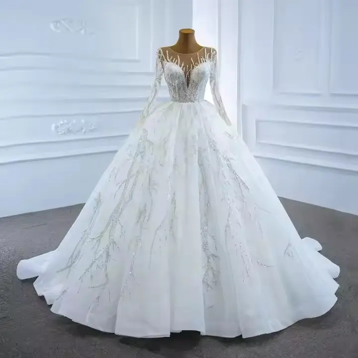 2024 Luxus langärmeliges Haupthochzeitskleid Brauttemperament Schwere Industrie großer Schwanz Prinzessinstil Bankett Hochzeitskleider