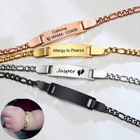 Bracelet d'identification pour bébé en acier inoxydable 316L, gravure personnalisée du nom, alerte médicale, allergie, chaîne Figaro, enfants, or rose, argent, noir, OEM