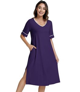 Liquidación de camisones: Pijama de mujer con cuello en V, manga corta, color liso, largo hasta la rodilla, de algodón suave, ropa de dormir. - Product Image 2