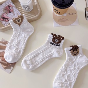 White Women's Ankle Socks 3D Cartoon Bear Pattern Breathable Sweat Absorbing Polyester Cotton Casual Boat Socks - Product Image 4