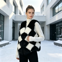 Veste sans manches en fausse fourrure à carreaux diamantés noir et blanc, tendance, chic, avec logo de marque, pour l'hiver